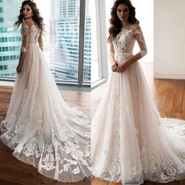 Elegant 3/4 Sleeve Wedding Dress 2022 A-Line Lace Appliques Button Belt Tulle Bridal Gown Vestidos De Noiva