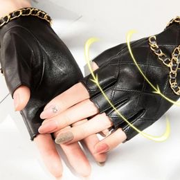 Other Event Party Supplies 1Pair Genuine Leather Half Gloves with Metal Chain Women Skull Motorcycle Biker Fingerless Touch Screen Glove Favors 221124