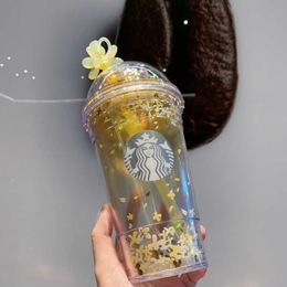 Starbucks Mug Yellow Gradient Pink Aesthetic Osmanthus Glorious Plastic Straw Water Cup with Dustproof Plug ss GNEB