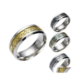 Band Rings Punk Dragon Pattern Band Rings For Men Inlay Comfort Fit Stainless Steel Wedding Ring Wide 8Mm Drop Delivery Jewelry Dhmyv