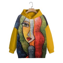 Women's Hoodies Sweatshirts Casual Colorblock Abstract Print Long Sleeve Hoodie Loose Oversized Fashion Patchwork Vintage Street Autumn WinterSweatshirt 221124