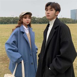 Men Blends Lovers Mid Length Woolen Coat Autumn Winter Thickened Big Fleece Windbreaker Korean Trend British Solid Simple Streetwear 221123