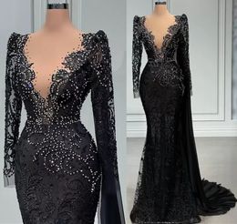 2022 Plus Size Arabic Aso Ebi Black Mermaid Luxurious Prom Dresses Beaded Crystals Evening Formal Party Second Reception Birthday Engagement Gowns Dress wly935