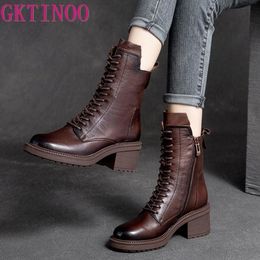 Boots GKTINOO Cow Leather Quality Women Shoes Autumn Winter Square Med Heel Ankle Lace Up Zipper Ladies Pumps Size 3540 221124