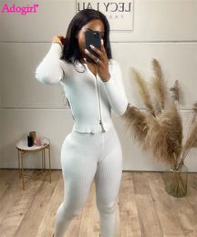 Women's Two Piece Pants Adogirl Solid Knitted Rib 2 Sets Women Autumn Winter Tracksuit Turn Down Collar Long Sleeve Zipper Shirt Top Skinny 221123