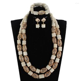 Necklace Earrings Set African Nigerian Wedding Beads Jewellery White Coral Dubai Gold CNR890