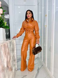 Women s Two Piece Pants Autumn Winter Streetwear PU Leather Shirt Pant Tracksuit Fashion Sexy Women Pieces Set Outfits 221123