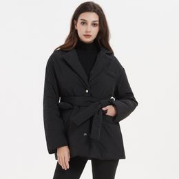 Womens Down Parkas Malina Casual Notched Fashion Tie Belt Solid Black Coats Elegant Single Breasted Cotton Jackets Female Ladies 221124