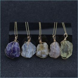 Pendant Necklaces Crystal Wire Irregar Natural Stone Necklace With Stianless Steel Chain Quartz Agate Gemstone Pendant Women Necklac Dhepl