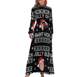 Casual Dresses Funny Nicolas Cage Merry Christmas Elegant Maxi Streetwear Bohemia Long High Neck Graphic Clothing 221124