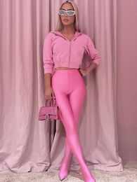 Women s Two Piece Pants Woman Autumn Hooded Zip up Top Stepping Foot Trousers Set Fashion Streetwear Pink Black Female Outfits Tracksuit 221123