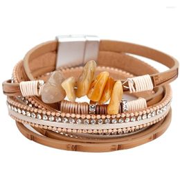 Charm Bracelets Amorcome Natural Stones Leather Double Wrap Bracelet Rhinestone Wide Multiple Layer For Women Bridesmaid Gift Jewellery