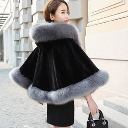 Women's Fur Faux Fashion Hooded Cloak Coat Black White Womens Korean Winter Shawl Cape Outwear Tops Thicken Warm fur Coats Female 221123