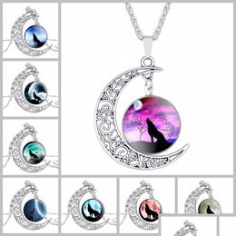 Pendant Necklaces Totem Wolf Glass Cabochon Necklace Moon Time Gemstone Necklaces Chains Sier Animal Models Fashion Jewellery For Wome Dhklt