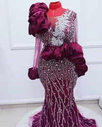 2023 Plus Size Arabic Aso Ebi Burgundy Mermaid Luxurious Prom Dresses Beaded Lace Sexy Evening Formal Party Second Reception Gowns Dress wly935