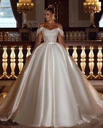 Elegant Dubai Satin A-Line Wedding Dress Glitter Sequined Top Off Shoulder Fishbone Corset Bridal Gowns 2023 Garden Chapel Vestidos De Novia