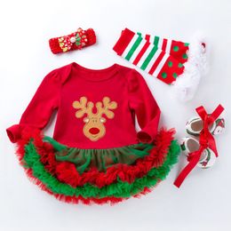 Christmas Baby Tutu Dress Romper Clothing Set Reindeer Antler Ear Design Bodysuit Bow Headband Leg Warmers Shoes 4pcs/set Newborn Party Outfits