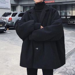 Men Blends Autumn Winter Woollen Coat Jacket Suit Collar Button Youth Students Loose Thick Cotton Mid Long Windbreaker Trench 221123