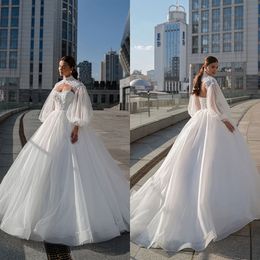 Stylish High Neck Wedding Dress Lace Appliques Bridal Gowns Puff Sleeves A Line Long Sleeves Robe de mariee