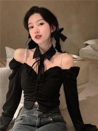 Women's Blouses Shirts Female Slim Sexy Slash Neck Off Shoulder Pleated Drawstring Long Sleeve Solid Women Spring Autumn Crop Tops 221123