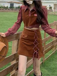 Two Piece Dress Set Women Plaid Patchwork Long Sleeve Crop Tops Bandage Female Slim Mini Skirt Spring Autumn Vintage Temperament Sets 221123
