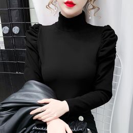 Women's TShirt Women Tshirt Spring Autumn Turtleneck Clothes Ribbed Long Puff Sleeve Crop Tops Tees Female Slim Black White Tops 221124