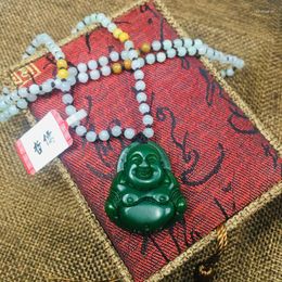 Pendant Necklaces Natural JADESt Carved Green Baby Laughing Buddha With Small Three Coloured Beads Chain Sweater