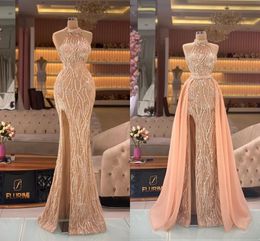 Sparkly High Neck Mermaid Prom Dresses Side Split Beading Sequined Evening Dress With Deatachable Train Black Girls Party Gowns 2022