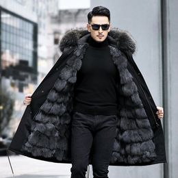 Mens Fox Fur Jackets Real Fur Coat Winter Parka Thick Warm Outerwear Overcoat Snow Tops Plus Size M-6XL Long Windbreaker Male Clothing
