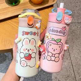 Water Bottles 550ml Bounce Lid Double Wall Vacuum Stainless Steel Thermos Cartoon Children's Straw Portable Water Bottle 221124