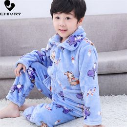 Pajamas Kids Flannel Pajama Sets Boys Girls Autumn Winter Thicken Warm Home Wear Cartoon Lapel Long Sleeve Sleeping Clothing 221124