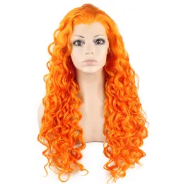 26" Extra Long Orange Curly Wig Heat Friendly Synthetic Hair Lace Front Party