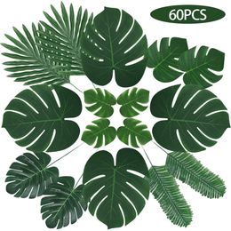 Faux Floral Greenery 60 Pcs 6 Kinds Monstera Artificial Palm Leaves Tropical Plant Stems Hawaiian Party Decorations Jungle Beach Theme Table 221124
