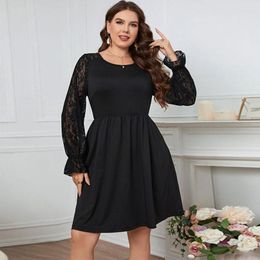 Plus Size Dresses Dress For Women Elegant Luxury Black Lace Long Sleeve Midi Party Fashion O Neck Autumn 4XL Clothing