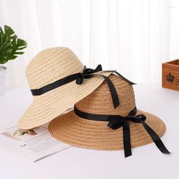 Wide Brim Hats Casual Summer Straw Hat Women Boater Beach Floppy Sun Visor UV Protect Bow Ribbon Ladies Panama Cap Female