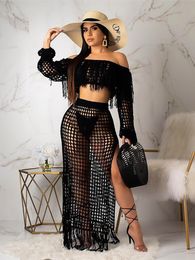 Two Piece Dress Sexy Crochet Sets for Women Summer Clothes Off Shoulder Crop Top Skirt Set Hollow Out 2 s Outfits Beachwear 221123