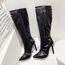 Boots City Motorcycle Winter Women Knee High Heels Boots High Heel Metal Buckle Chain Designer Pointed Toe Motorcycle Sexy Long Retro Shoes 221123