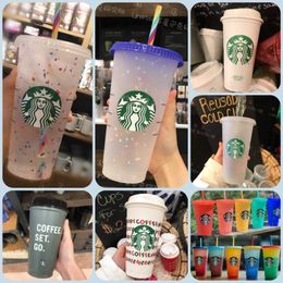 Mugs Starbucks 24oz/710ml Plastic Mugs Tumbler Mermaid Goddess Reusable Clear Drinking Flat Bottom Pillar Shape Lid Straw Cups mug 591 FNTY