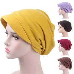 Turban Cap For Women Muslim Plain Brim Hats Stretch Chemo Loss Head Wrap Beanie Headwrap Turbante Mujer