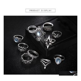 Cluster Rings Knuckle Ring Set Sier Retro Diamond Engraving Starry Gemstone 11 Piece Boho Can Be Superimposed Female Drop Delivery Je Dhxwl