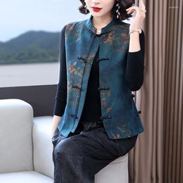 Ethnic Clothing 2022 Traditional Tang Suit Waistcoat Chinese Style Vest Coat Women Vintage Cotton Thicken Gilet Sleeveless Print Jacket