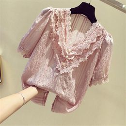 Women's T Shirts 2022 Korean Fashion Clothing Solid Shirt Women Blouse Summer Womens Tops And Blouses Lace Patchwork Blusas Mujer