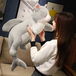 507090Cm Kawaii Alien Grey Cat Peluche Toy Beautiful Lying Cat Cushion With Shark Tail Filled Soft Cushion ldren Birthday Gift J220729
