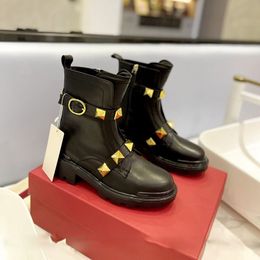 Women Black Leather Studs Martin Boots Spikes Biker Boot Military-inspired Boots Platform Motorcycle Booties Fashion Casual Side Zipper