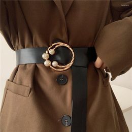 Belts Fashion Wide Belt Black Leather Pearls Double Ring Metal Buckle Women Waistband For Dress Suits Coat Winter Autumn Waist