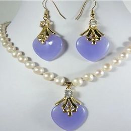 Hot beautiful charm 7-8mm white pearl necklace 18" purple heart jades earring pendant