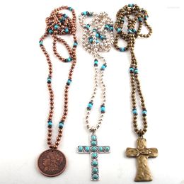 Pendant Necklaces Fashion Bohemian Tribal Jewellery 6mm Metal Beads / Turq Long Knotted Cross
