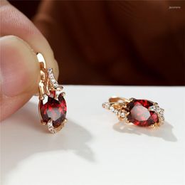 Hoop Earrings Red Blue Pink White Oval Stone Multicolor Zircon Charm Crystal Rose Gold Colour Wedding For Women