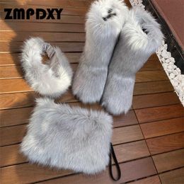 Boots High Quality Faux Fur Winter Snow Headband Hbags Set for Women Kids Outdoor Warm New HotSale Shoes Bag Sets 220903