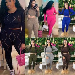 2023 Spring Women Two Piece Pants Set Wear New Slim Sexy Hollow Out Hole High Waist Tight Pants Casual Suits 7 Colours